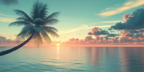 A tranquil beach scene at sunset, featuring a silhouetted palm tree against a mesmerizing gradient sky, showcasing warm tones, reflecting peace and solitude.