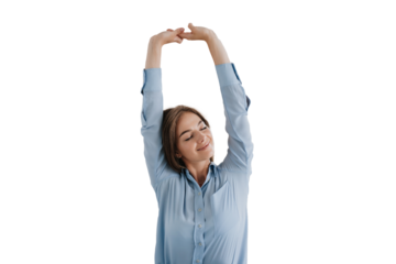 young woman in a blue shirt stretches with closed eyes, enjoying a moment of relaxation, demonstrating mindfulness and well-being against transparent background