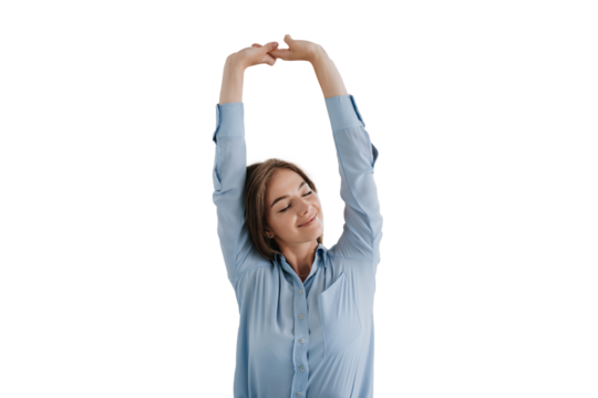 young woman in a blue shirt stretches with closed eyes, enjoying a moment of relaxation, demonstrating mindfulness and well-being against transparent background