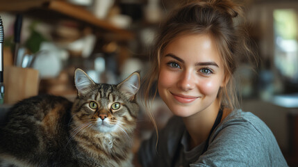 A joyful young woman posing with her fluffy cat at home, radiating warmth and happiness in a cozy environment.