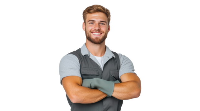 Dicut image of man worker standing with confident on a isolated transparent background.
