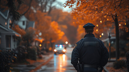 A police officer stands on a quiet street, surrounded by vibrant autumn foliage, as emergency lights flash in the distance.