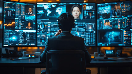 A professional monitoring multiple digital screens displaying data analysis and video feeds in a modern workspace.