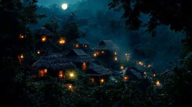 A quiet village nestled in the forest, lit by warm lanterns on rainy nights. This serene scene captures the peacefulness of rural life, Seamless looping 4k time-lapse animation video background