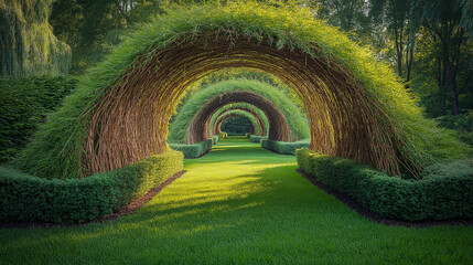 A willow hedge with a natural archway formed by bending branches, inviting viewers to imagine what lies beyond, with the arch creating a focal point in the scene, with copy space