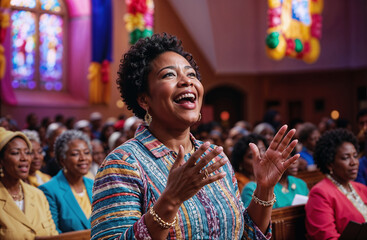 Joyful woman singing hymns during a church service, vibrant decorations and a sense of community and worship