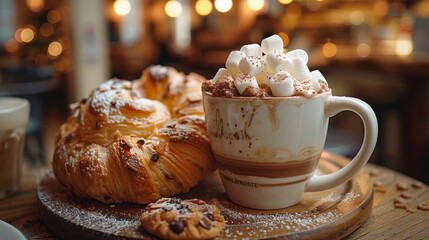 Fototapeta premium Delicious hot chocolate with marshmallows, cocoa powder and danish bakery on wooden table in cafe. Bakery menu. Cozy winter autumn atmosphere. Hot cocoa with fresh sweet bun. Snack, breakfast