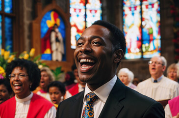 Joyful man singing hymns during a church service, vibrant decorations and a sense of community and worship