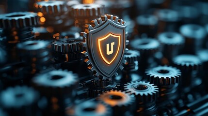Aged metal gears and a glowing shield emblem, visualizing the durability and safety in Rust-based software engineering