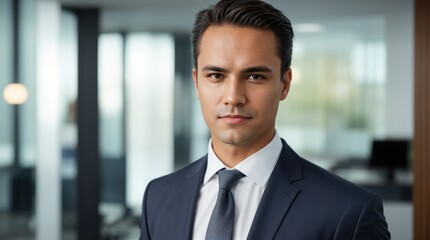 Fototapeta premium Confident professional male stands assertively in a modern office 