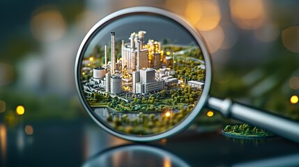 Obraz premium Magnifying glass highlighting a green energy power plant, showcasing sustainable electricity generation