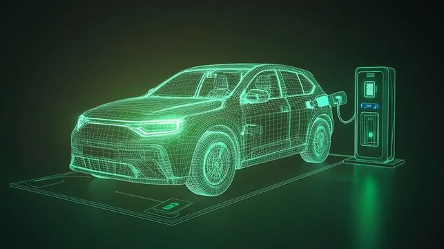 Futuristic Electric Car Wireframe Concept with Generative AI, Augmented Reality Car Design on green Background, Charging at an Eco-Friendly Station for Climate Change Mitigation and Energy Saving Solu - Powered by Adobe