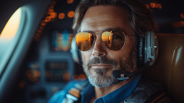 Confident pilot in sunglasses, ready for takeoff, reflects professionalism and adventure in aviation.
