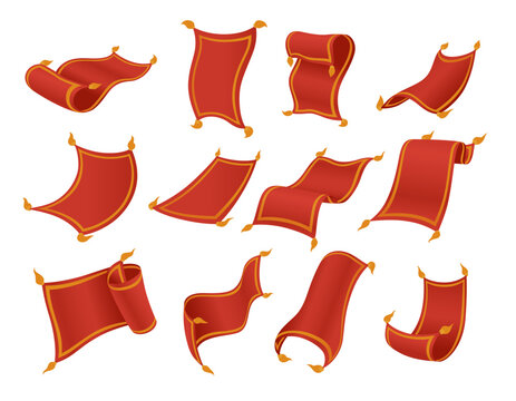 Red golden magic carpet with tassel flying rug different pose set realistic vector illustration