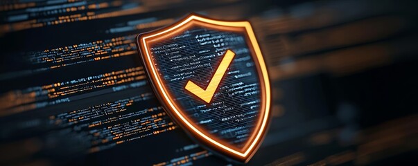 Rusty shield with glowing checkmark, representing the security and reliability of Rust programming language, software development focus