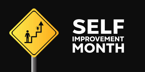 Self Improvement month. People, lamp and upward arrows. Great for cards, banners, posters, social media and more. Black  background.