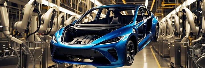 Obraz premium futuristic electric car chassis, batteries and engine within a high-tech development lab.