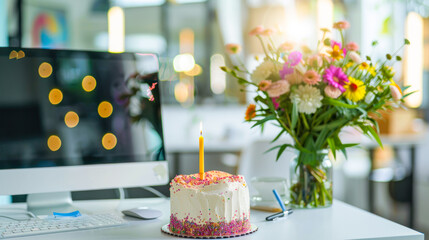 Business birthday party: cake with candle and flowers bouquet on the desk with computer at workplace. Business people celebrating birthday with cake in office. Team Celebrating Project Success