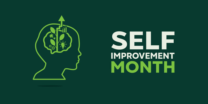 Self Improvement month. Human, brain, puzzle, lamp, gear and more. Great for cards, banners, posters, social media and more. Dark green background.