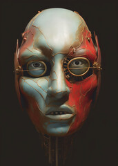 a man, or woman dressed and with silver skin in an art style, in the style of chrome reflections, crimson, irregular organic forms
