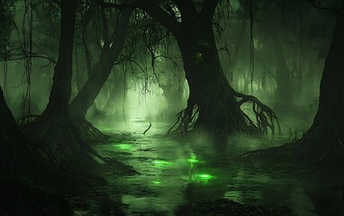 9. A mysterious, foggy swamp with gnarled trees, twisted roots, and eerie green lights glowing from beneath the murky water, creating a sense of foreboding