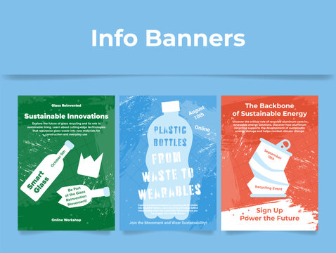 Recycling sustainable innovation online workshop info poster grunge design template set vector flat