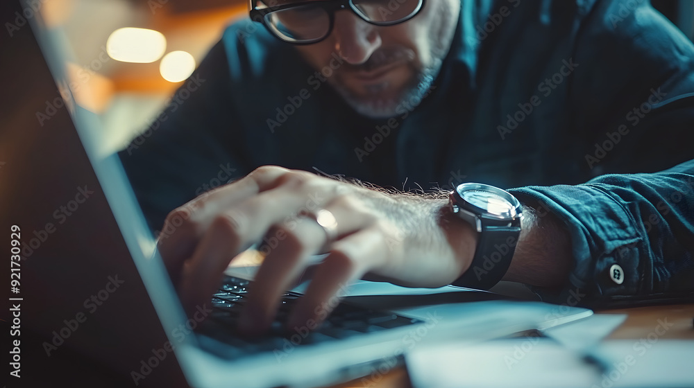 Poster A man is typing on a laptop computer. He is wearing a watch and glasses. The laptop is open and the man is focused on his work