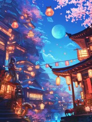 Fototapeta premium Enchanting Seasonal Wonderland: Anime-Style Art Featuring Dreamy Winter Snowscapes, Spring Blossoms, Summer Vibrancy, and Autumn Hues. Magical 4K Landscapes with Chinese New Year Lanterns and Christma