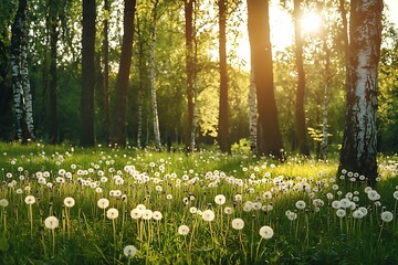 Obraz premium Sunlight Filtering Through Trees and Dandelions in a Forest.