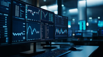 An illustration of business process automation concept, showcasing graphs for distribution analysis and consumption monitoring in a high-tech digital environment.