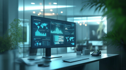 An illustration of business process automation concept, showcasing graphs for distribution analysis and consumption monitoring in a high-tech digital environment.
