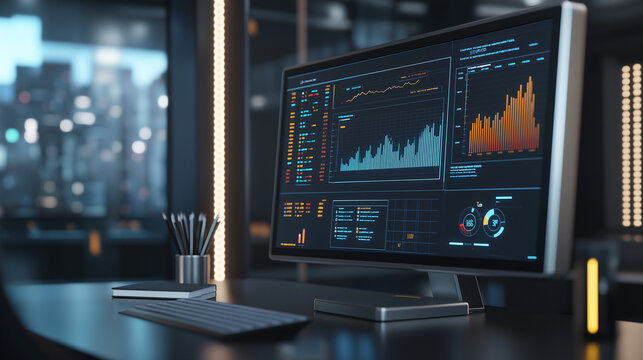 An illustration of business process automation concept, showcasing graphs for distribution analysis and consumption monitoring in a high-tech digital environment.