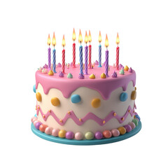 Pink and white birthday cake with candles, decorated with pastel candies