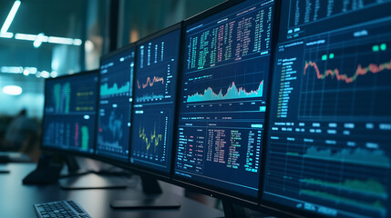 An illustration of business process automation concept, showcasing graphs for distribution analysis and consumption monitoring in a high-tech digital environment.