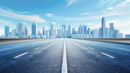 Fototapeta premium A long straight asphalt road leading towards a city skyline