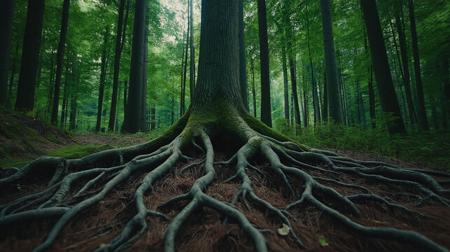 Wurzeln schlagen im &uuml;bertragenen Sinne Baum miniatur in echter Welt mit Erde w&auml;chst aus der Handfl&auml;che Identit&auml;t durch Stabilit&auml;t finden Lebensgrundlage Generative AI