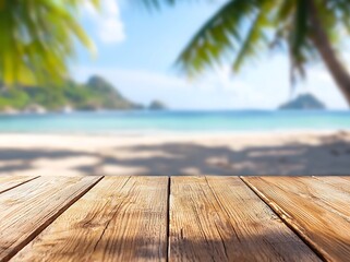 Fototapeta premium Rustic wooden tabletop with a blurred background of a tropical beach scene.