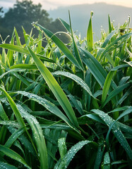 Obraz premium A closeup view of beautiful dew drops resting on lush green blades of grass, highlighting natures details beautifully
