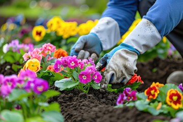 Fototapeta premium Gardener planting flowers in garden bed.