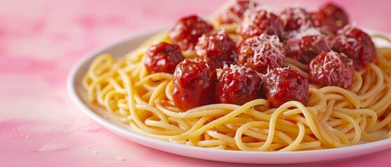 Enjoy a comforting dish of spaghetti topped with savory meatballs, garnished with cheese, ready for a delightful meal