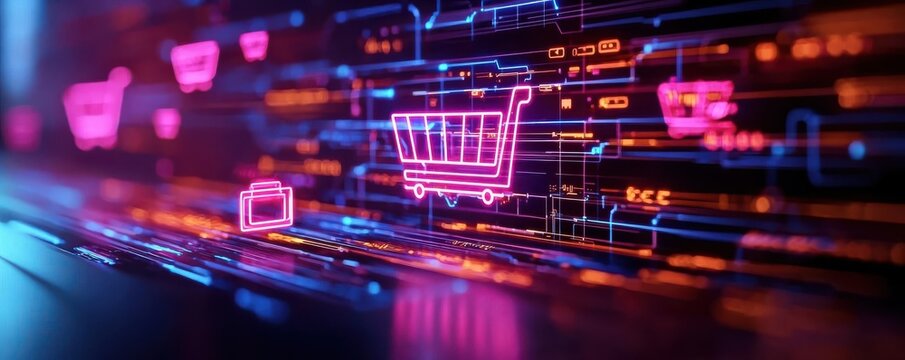 Cyber Monday digital shopping concept with glowing holographic interface, online deals and discount symbols floating in the air, techsavvy shoppers