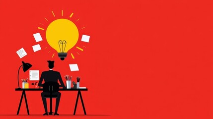 Obraz premium Creative Chaos - Cartoon Character at Cluttered Desk with Art Supplies and Brainstorming Notes, Flat Design Illustration with Copy Space for Text