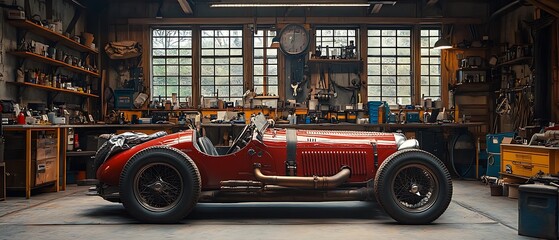 A classic red race car in a vintage garage with tools, a clock, and a window.