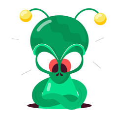 A flat sticker of sad alien looking down 


