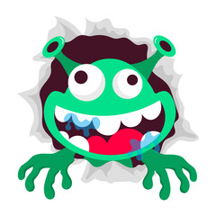 Cartoon style sticker of funny alien with weird smile  