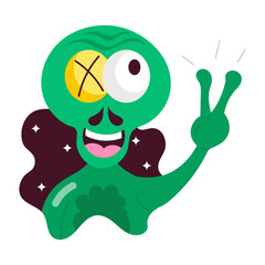 A flat style mascot of extraterrestrial creature showing peace gesture 