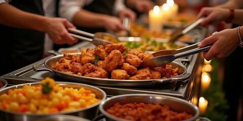 Obraz premium A festive wedding or corporate event with an array of delicious food on chafing dishes illuminated by warm lights creating a joyful atmosphere