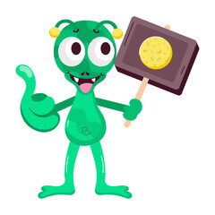 Comic style sticker of alien board with a moon on it 

