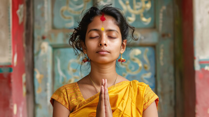 Fototapeta premium Young Indian Woman Doing Meditation or Yoga: A young Indian woman practicing meditation 