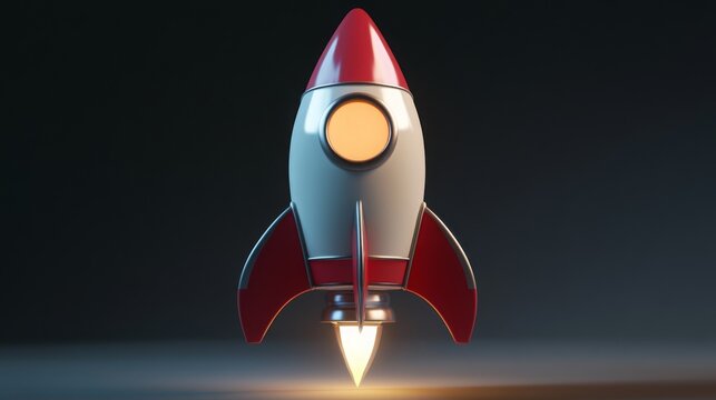 A red and white cartoon rocket with a glowing window and flame is on a dark background.